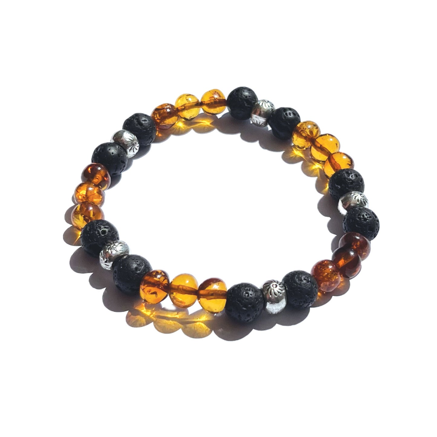 Bracelet en Ambre Cognac | Pierre de Lave | Perles Argentées