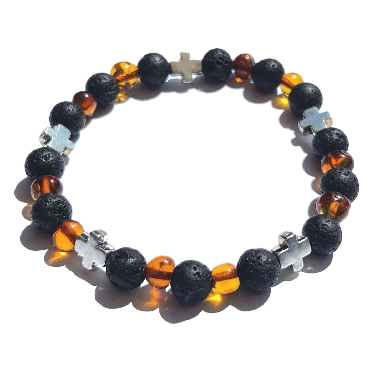Bracelet en Ambre Cognac | Pierre de Lave | perles 7/8mm | Croix +