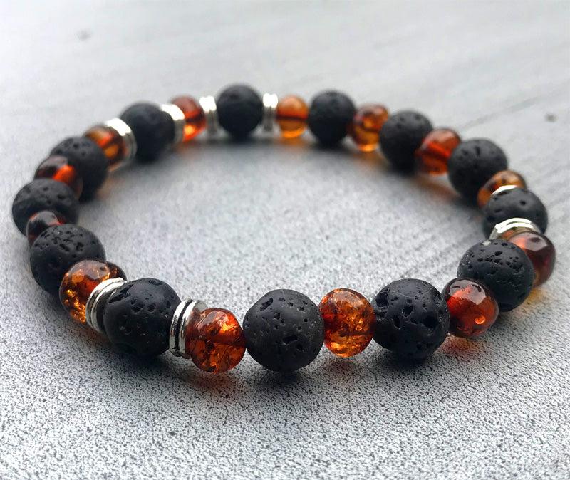 Bracelet en Ambre Cognac | Pierre de Lave | perles 7/8mm | Énergisant - Ambracelet