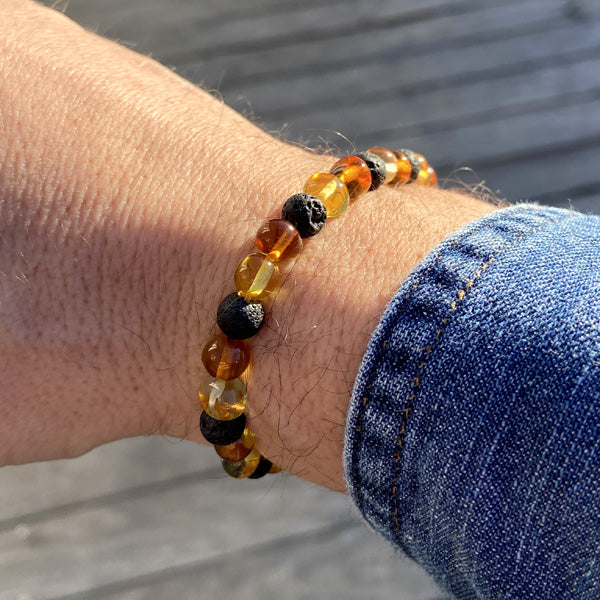 Bracelet Ambre cognac et citron | Pierre de lave | Perles 7/8mm - Ambracelet