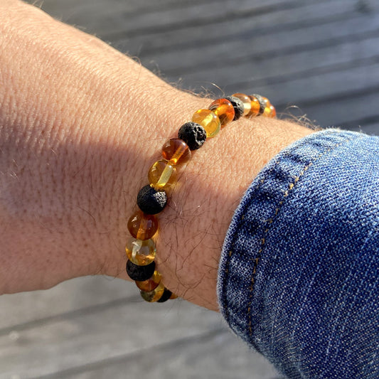 Bracelet Ambre cognac et citron | Pierre de lave | Perles 7/8mm - Ambracelet