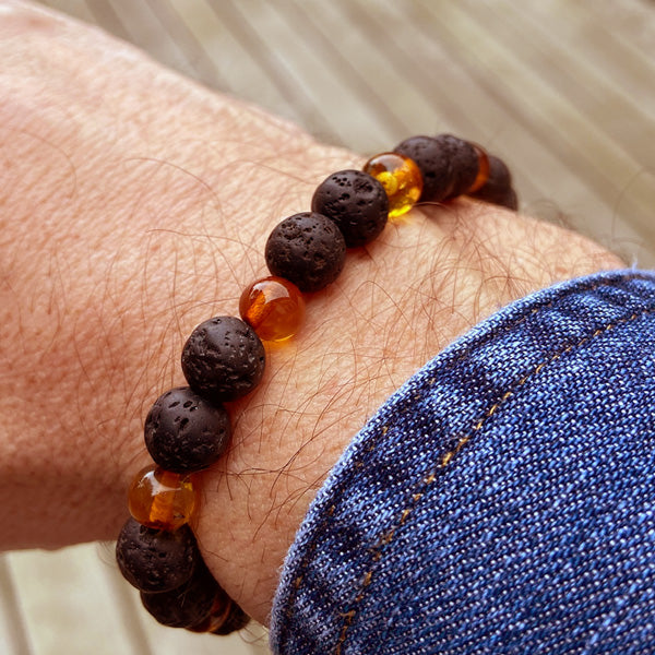 Bracelet Ambre cognac et Pierre de lave | Perles 7/8mm - Ambracelet