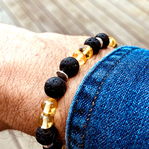 Bracelet Ambre Citron et Pierre de lave | Perles 7/8mm - Ambracelet