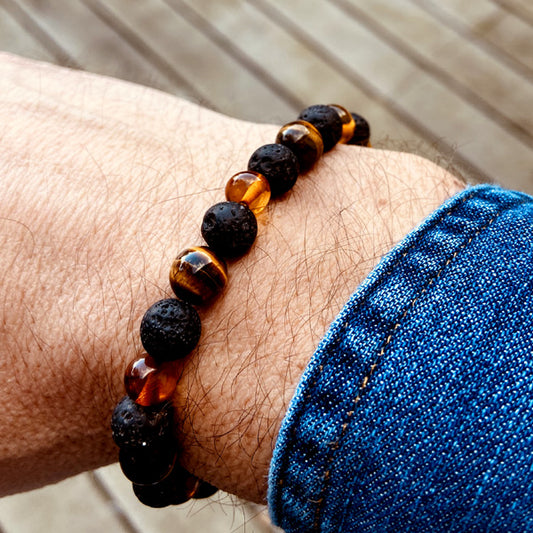 Bracelet en Ambre Cognac |  Oeil de tigre | Pierre de Lave | perles 7/8mm - Ambracelet