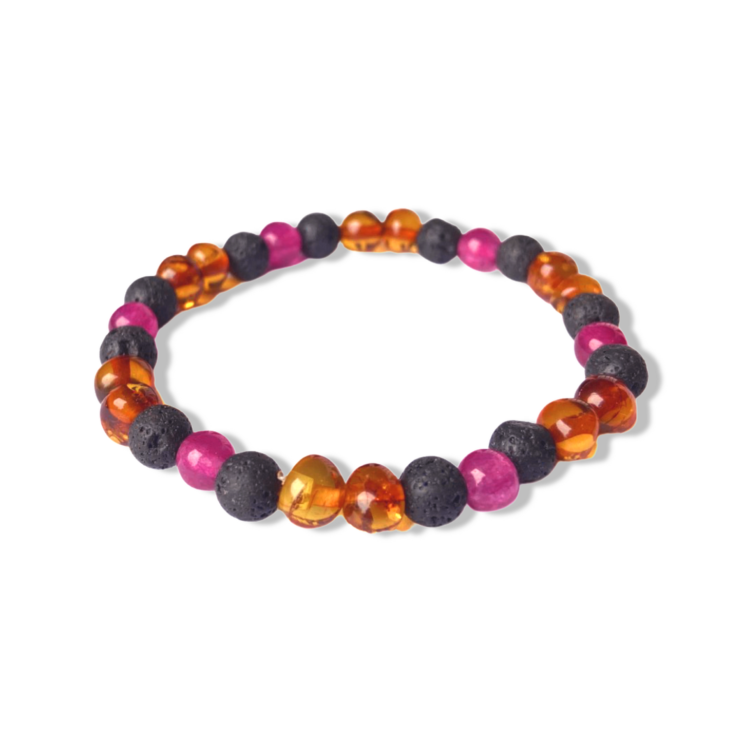 Bracelet femme en Ambre, Agate fuschia et Pierre de Lave | perles 6 à 8mm - Ambracelet