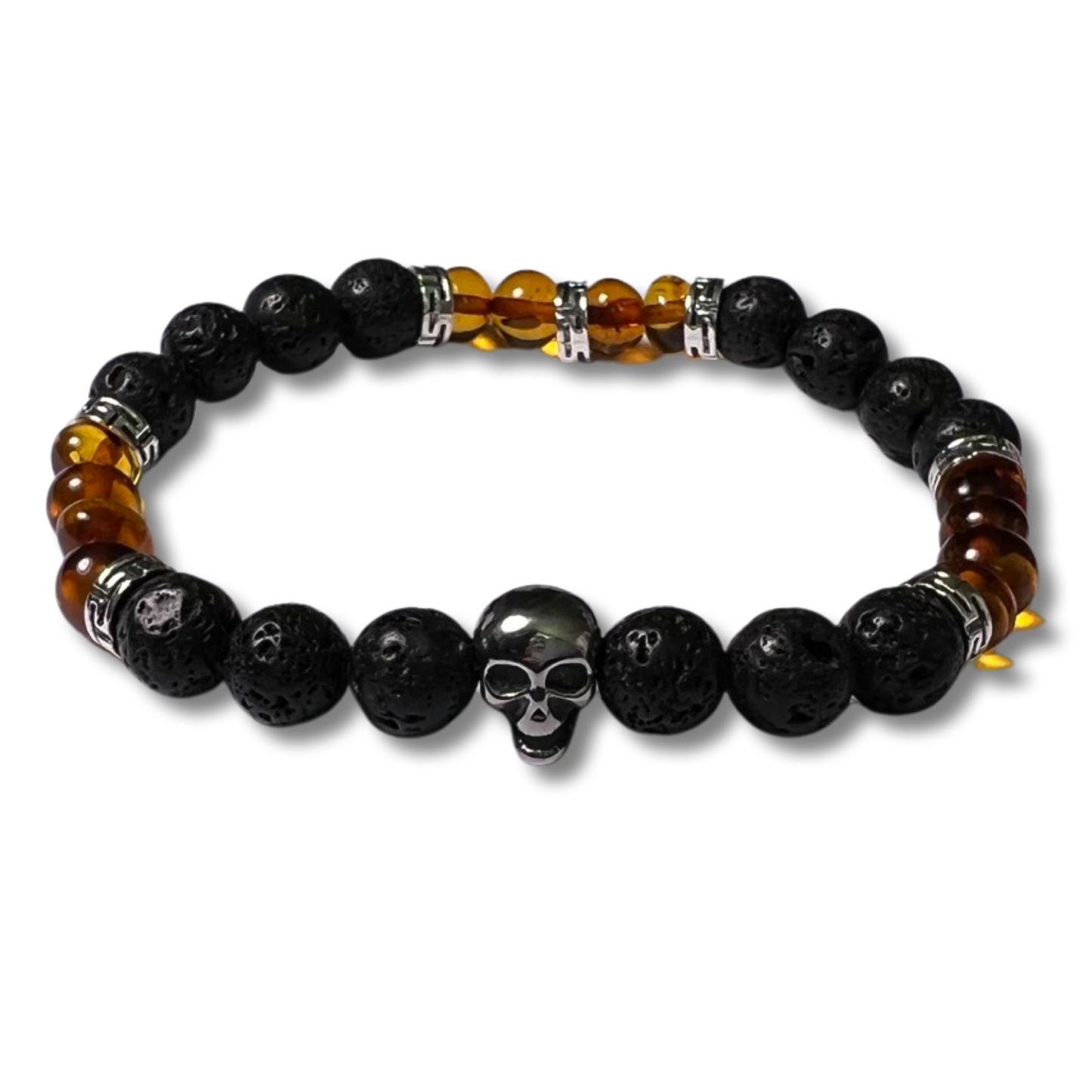 Bracelet Tête de mort - Ambre et Pierre de lave | Perles 7/8mm - Ambracelet