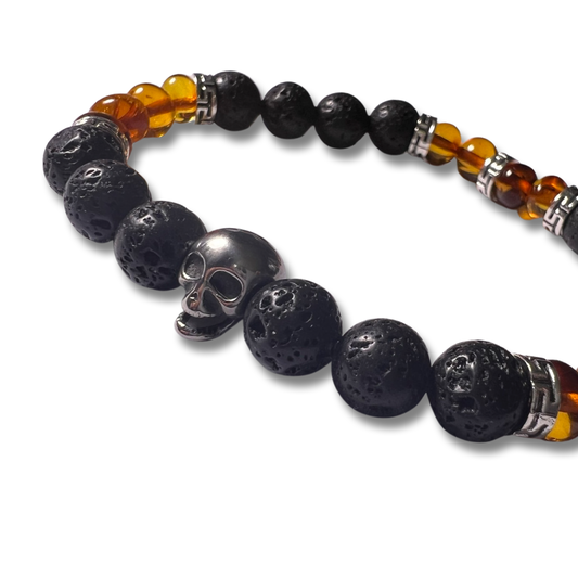 Bracelet Tête de mort - Ambre et Pierre de lave | Perles 7/8mm - Ambracelet