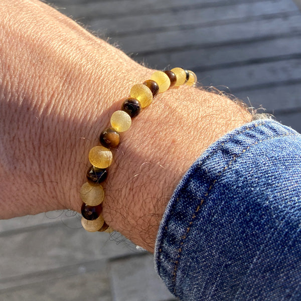 Bracelet en Ambre Citron brut et oeil de tigre 7/8mm - Ambracelet