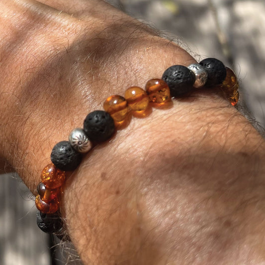 Bracelet en Ambre Cognac | Pierre de Lave  | Perles Argentées