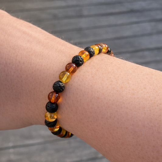 Bracelet femme en Ambre 2 couleurs et Pierre de Lave | perles 6 à 8mm