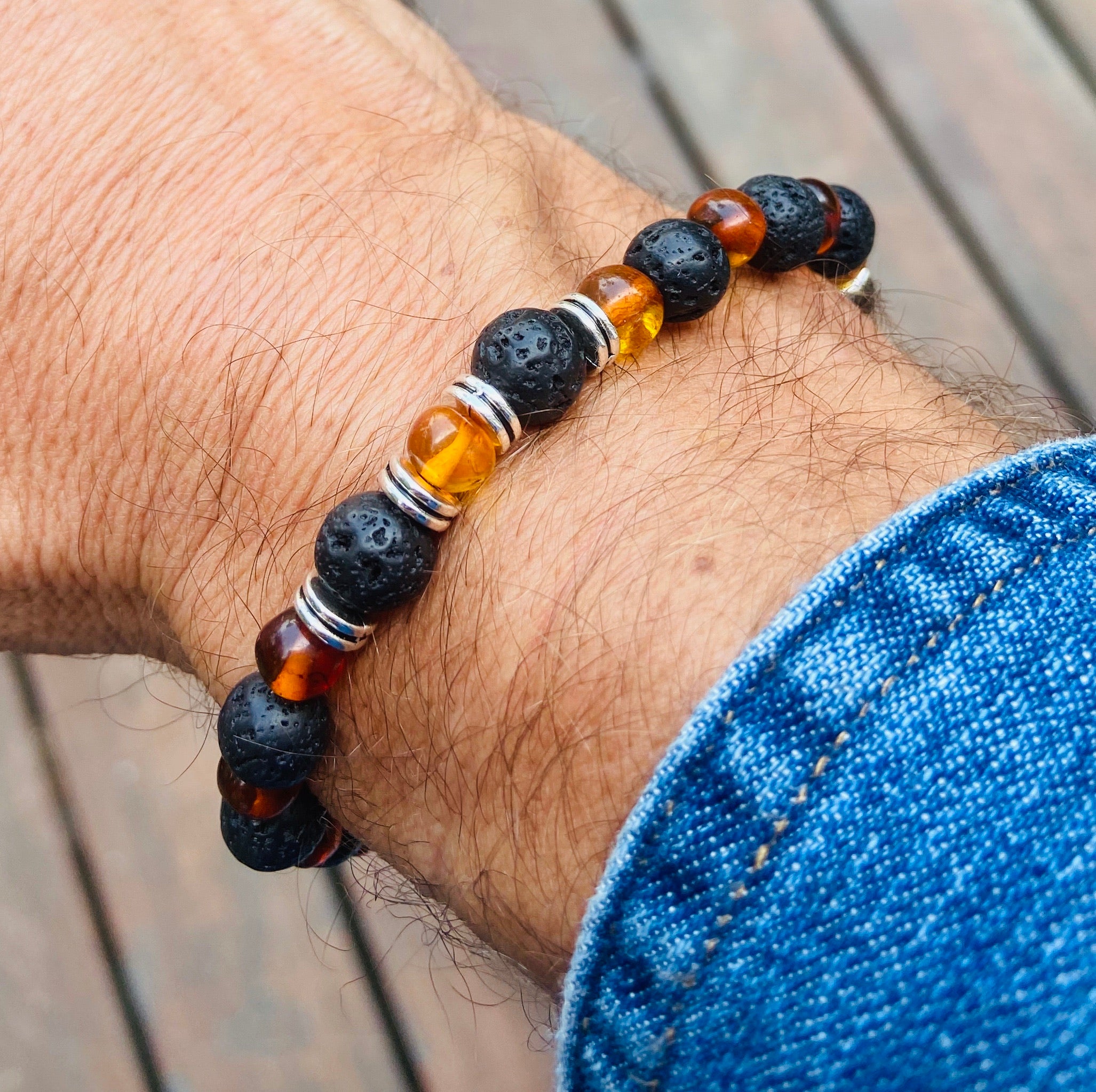 Bracelet en Ambre Cognac | Pierre de Lave | perles 7/8mm | Énergisant